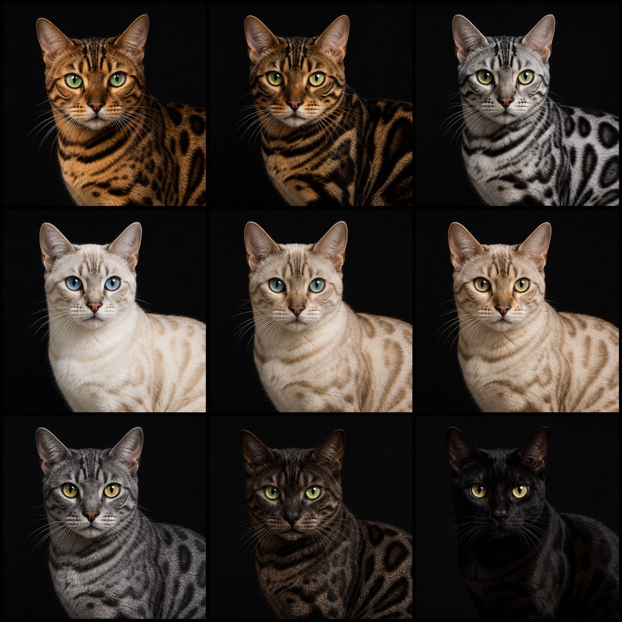 Neuf principales robes de chats Bengal en studio